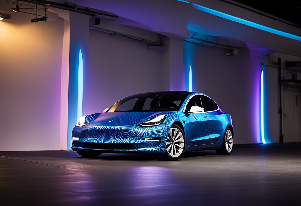 A Tesla Model 3 sits in a dark room, its custom vinyl wrap glowing with electrifying patterns under UV light, showcasing the artistry of Model 3 wraps