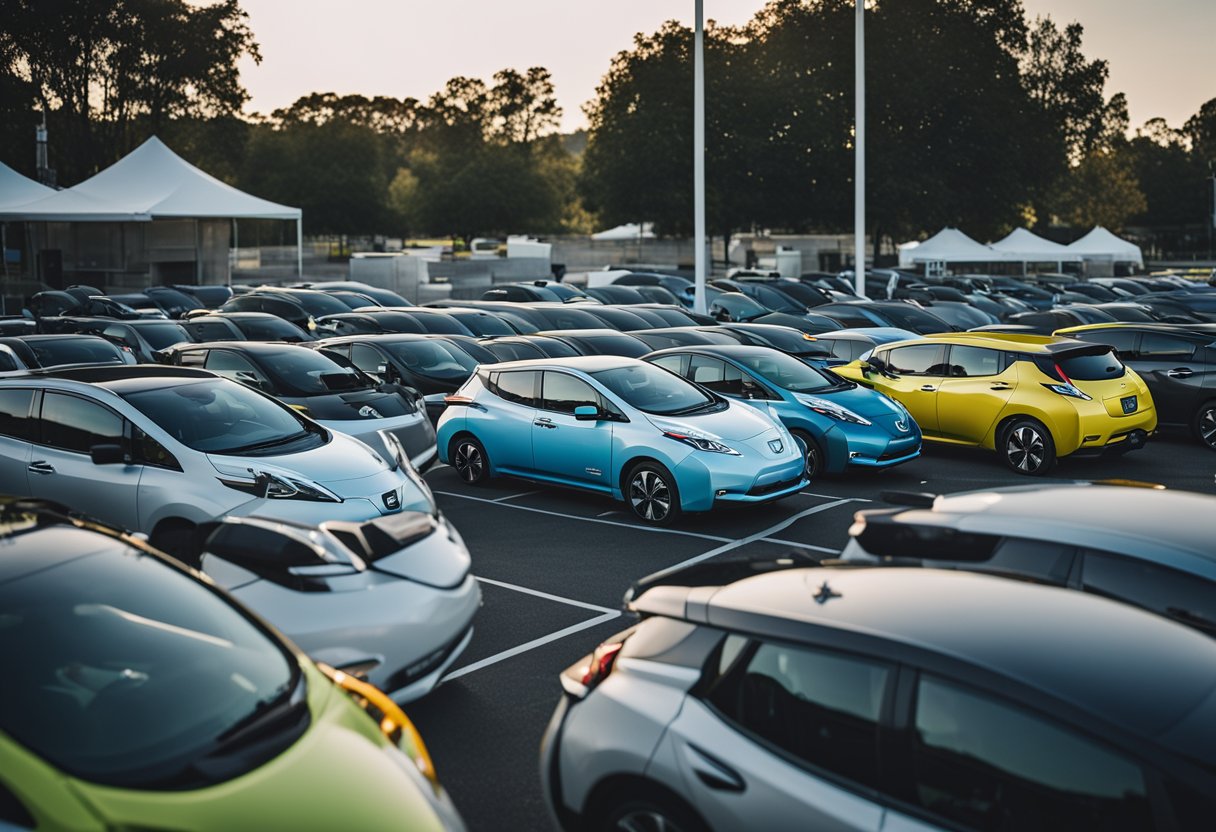 A group of Nissan Leaf electric vehicles gather in a parking lot, displaying unique modifications and personalized decals. The owners chat and exchange tips, creating a sense of community and camaraderie