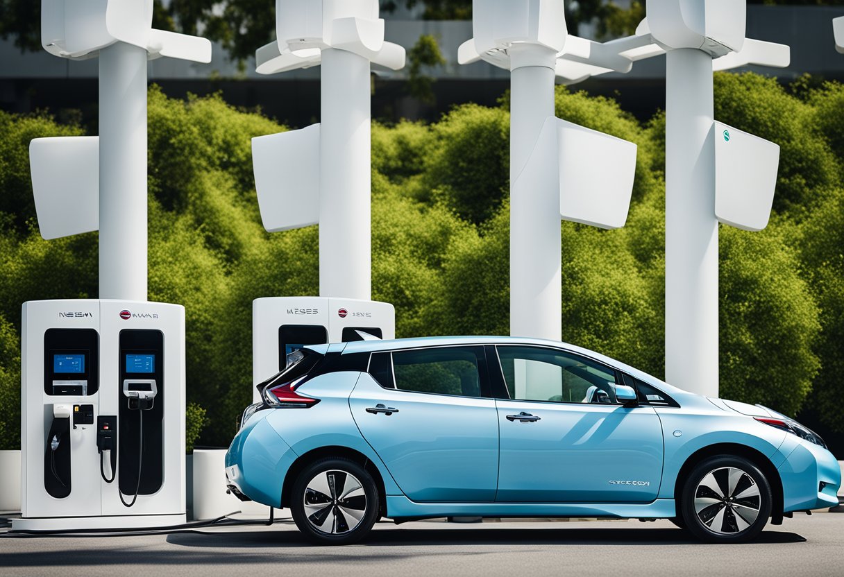 A group of Nissan Leaf owners gather at a charging station, sharing stories and tips. The electric vehicles stand proudly in the background, a symbol of their owners' commitment to sustainability