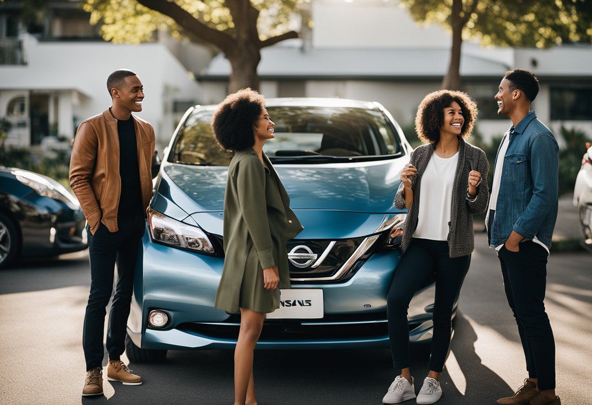 A diverse group of Nissan Leaf owners gather, sharing stories and bonding over their shared love for the electric vehicle. The scene is filled with camaraderie and a sense of community, showcasing the unique subculture of Leaf owners