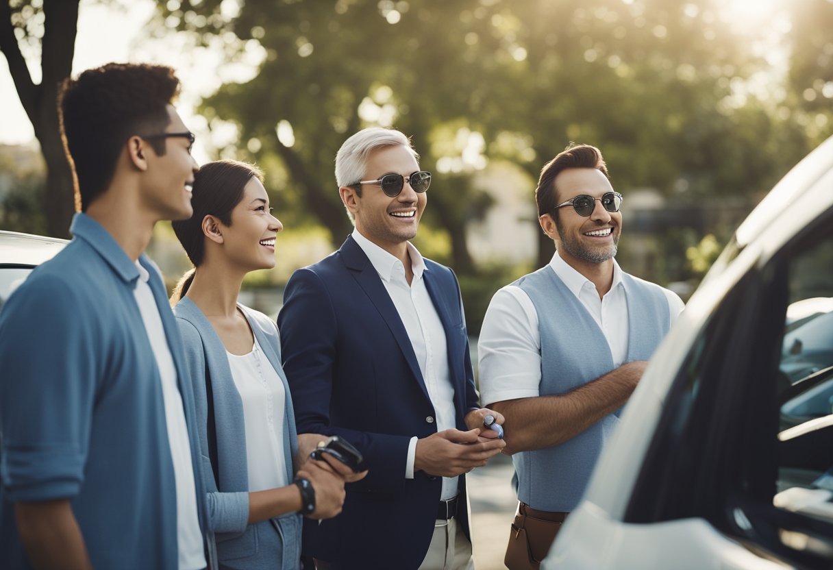 A group of Nissan Leaf owners gather in a parking lot, chatting and admiring each other's electric vehicles. They proudly display their Leaf-themed accessories and exchange tips on maximizing their ownership experience