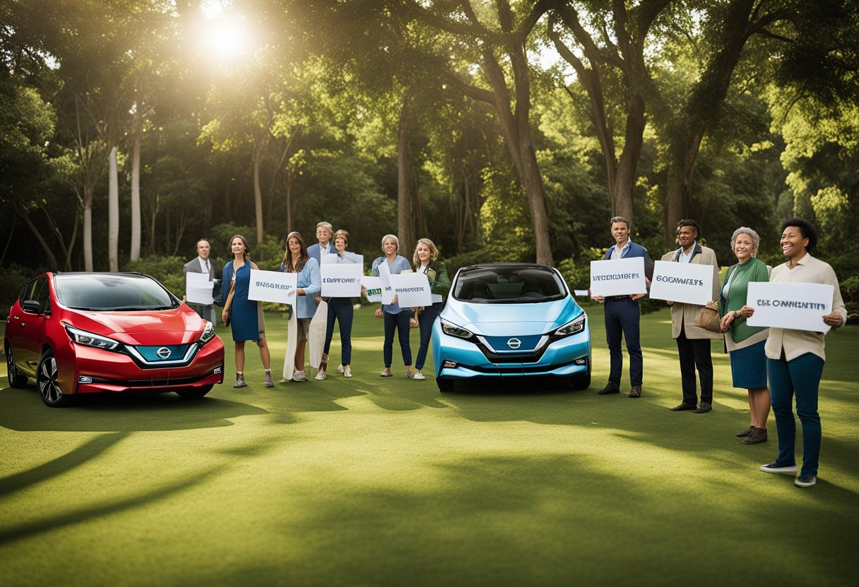 A group of Nissan Leaf owners gather in a lush, green setting, holding signs and banners promoting environmental advocacy. The electric vehicles are parked in the background, symbolizing their commitment to reducing carbon emissions