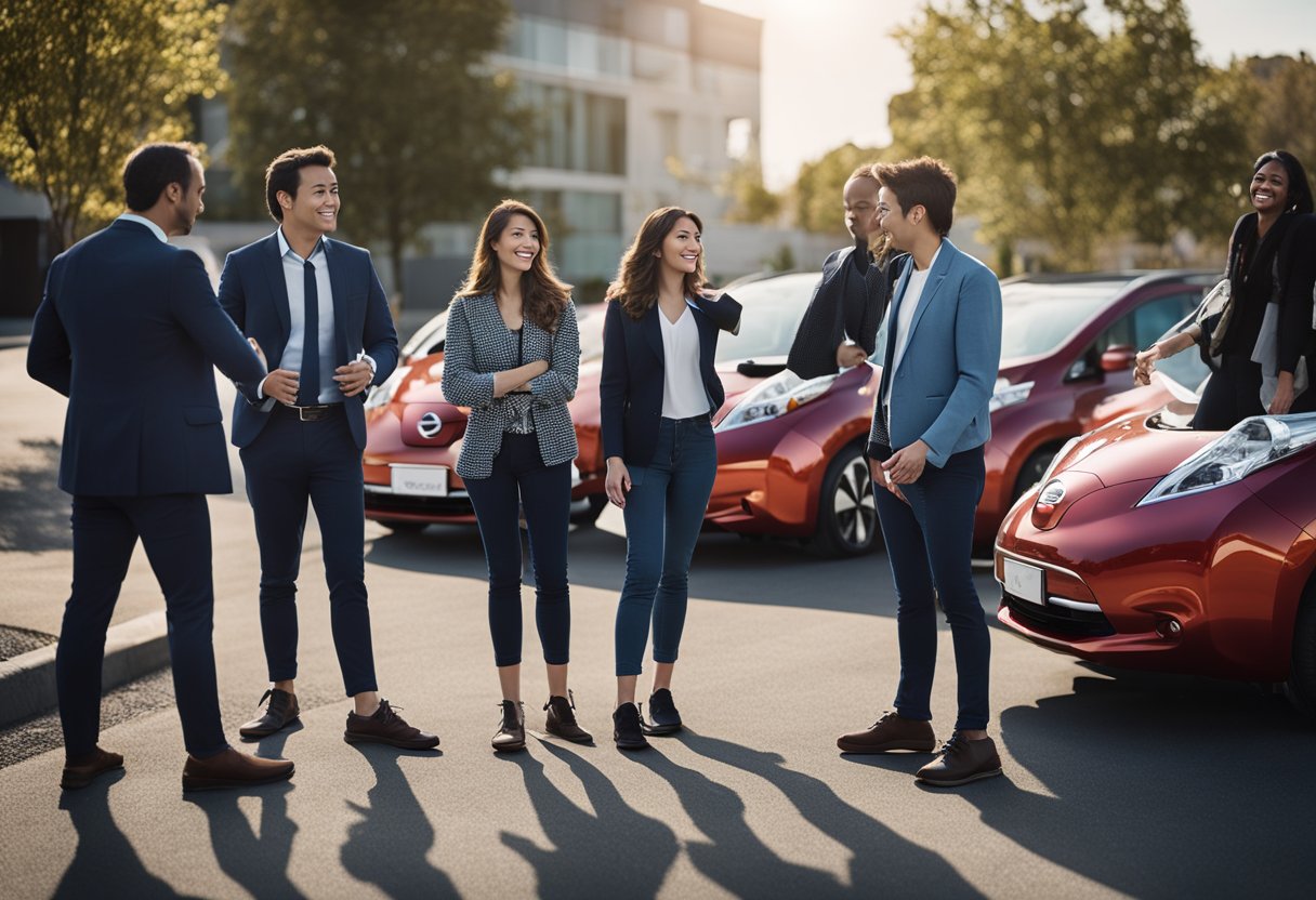 A group of Nissan Leaf owners gather, discussing challenges and sharing solutions. The electric vehicles are parked in the background, while the owners engage in lively conversation