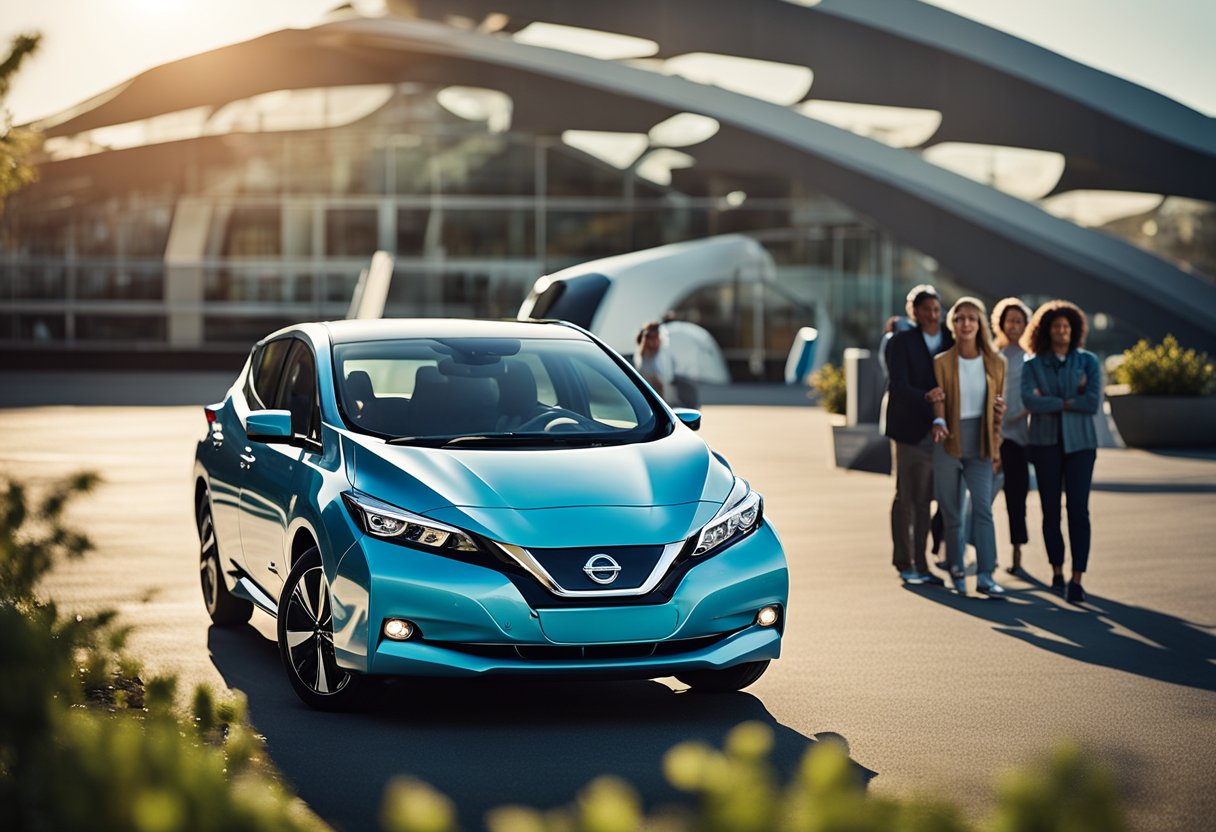 A group of Nissan Leaf owners gather in a vibrant, futuristic setting, showcasing their electric vehicles and sharing their passion for sustainable transportation