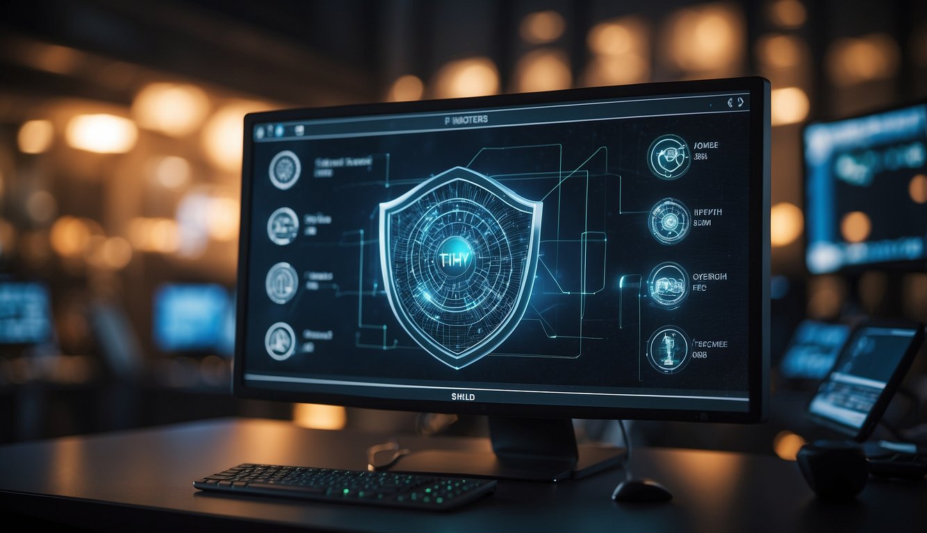 A computer screen displays various cyber threats while a shield icon protects against them