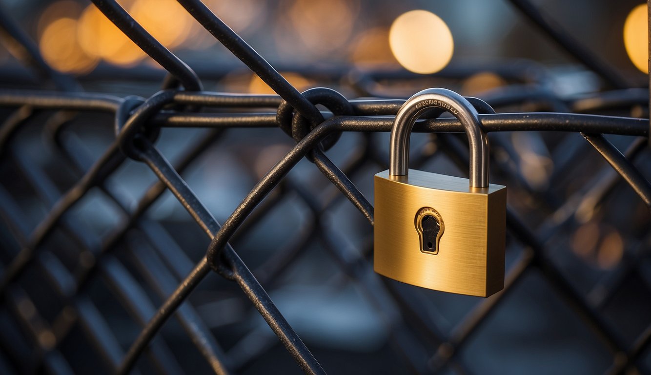 A locked padlock symbolizing privacy sits atop a shield, surrounded by a barrier of firewalls and security measures