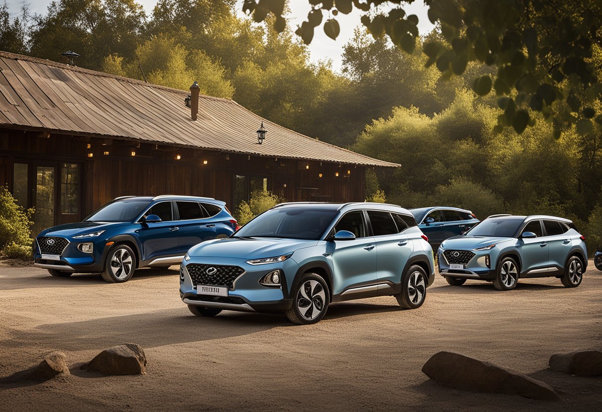 A lineup of Hyundai electric vehicles parked in a rugged outdoor setting, surrounded by adventurous equipment and gear. The scene exudes a sense of exploration and camaraderie among the EV club members