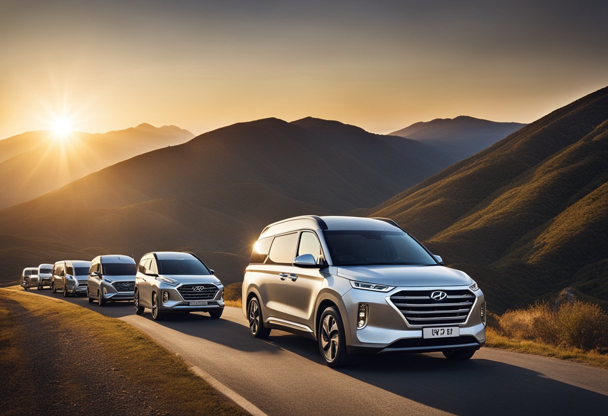 A line of Hyundai EV caravans winds through a scenic mountain pass, with the sun setting behind them. The sleek, modern vehicles exude a sense of adventure and freedom