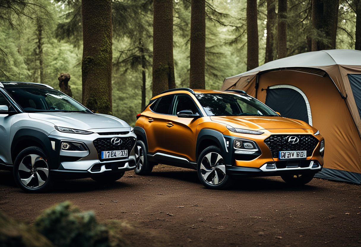 The Hyundai Kona EV is parked in a rugged outdoor setting, surrounded by adventurous individuals and their caravans. The scene exudes a sense of excitement and exploration within the Hyundai EV club