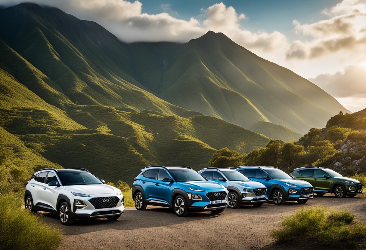 A group of Hyundai EVs gather in a scenic outdoor location, with mountains in the background. The cars are surrounded by camping gear and outdoor equipment, emphasizing the adventurous spirit of the Kona Caravan Culture