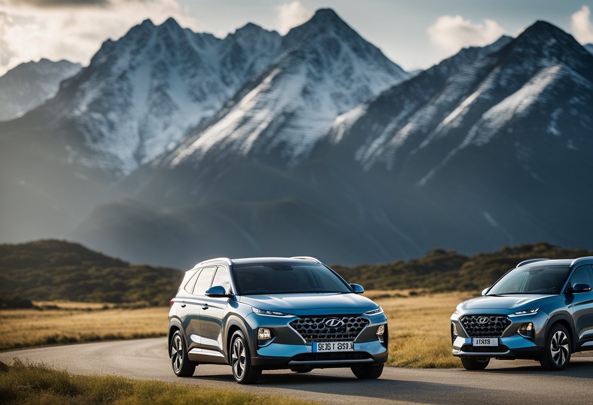 A line of Hyundai EVs caravaning through a rugged landscape, with mountains in the distance and a sense of adventure in the air