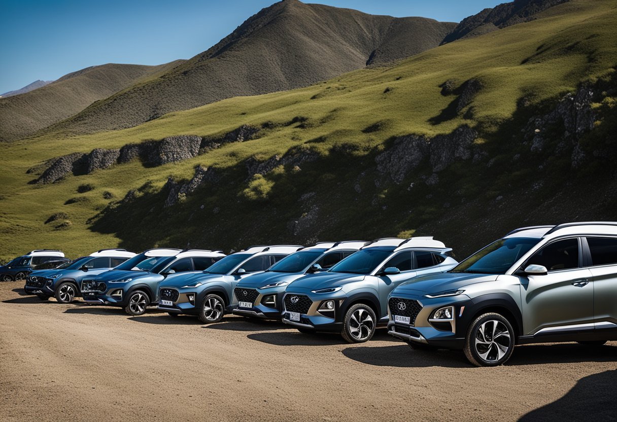 A lineup of Hyundai Kona Caravans, each customized with unique gear, set against a backdrop of rugged terrain. The scene exudes an adventurous and outdoor spirit, capturing the essence of the Hyundai EV club scene