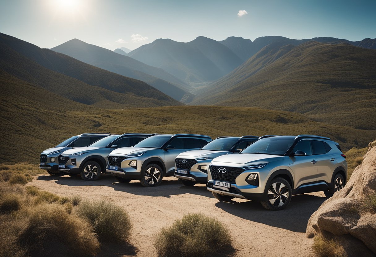 A caravan of Hyundai EVs traverses a rugged landscape, leaving minimal impact. Solar panels power the vehicles, showcasing sustainability and adventure