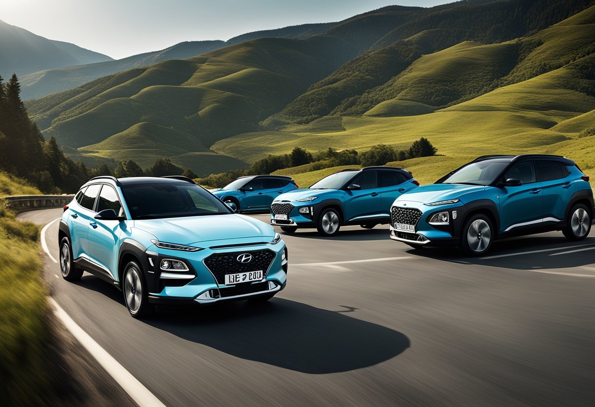 A convoy of Hyundai Kona electric vehicles travels through a scenic landscape, with mountains in the background and a sense of adventure in the air