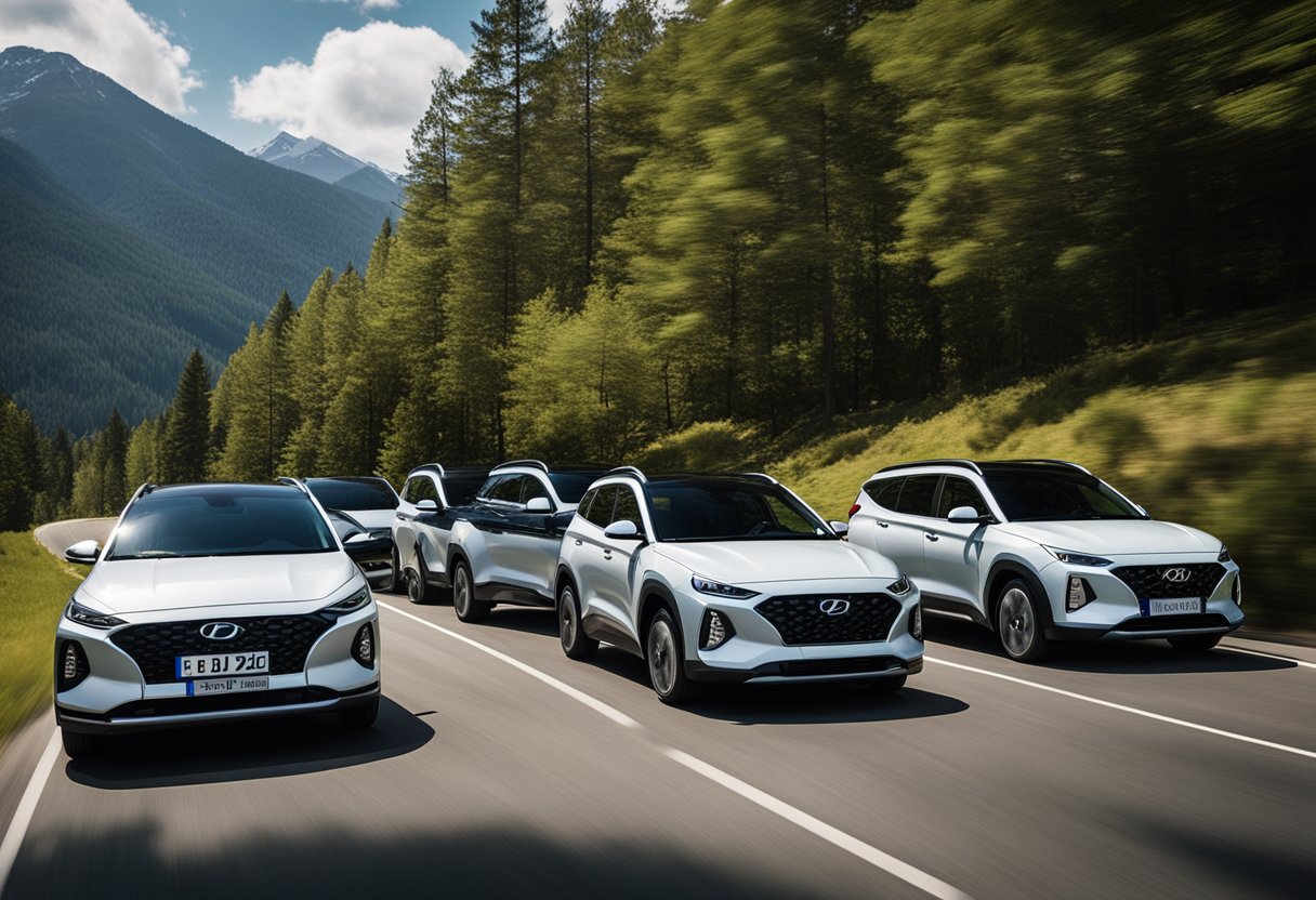 A group of Hyundai EVs caravan through scenic landscapes, with mountains and forests in the background. The cars are sleek and modern, showcasing their adventurous spirit