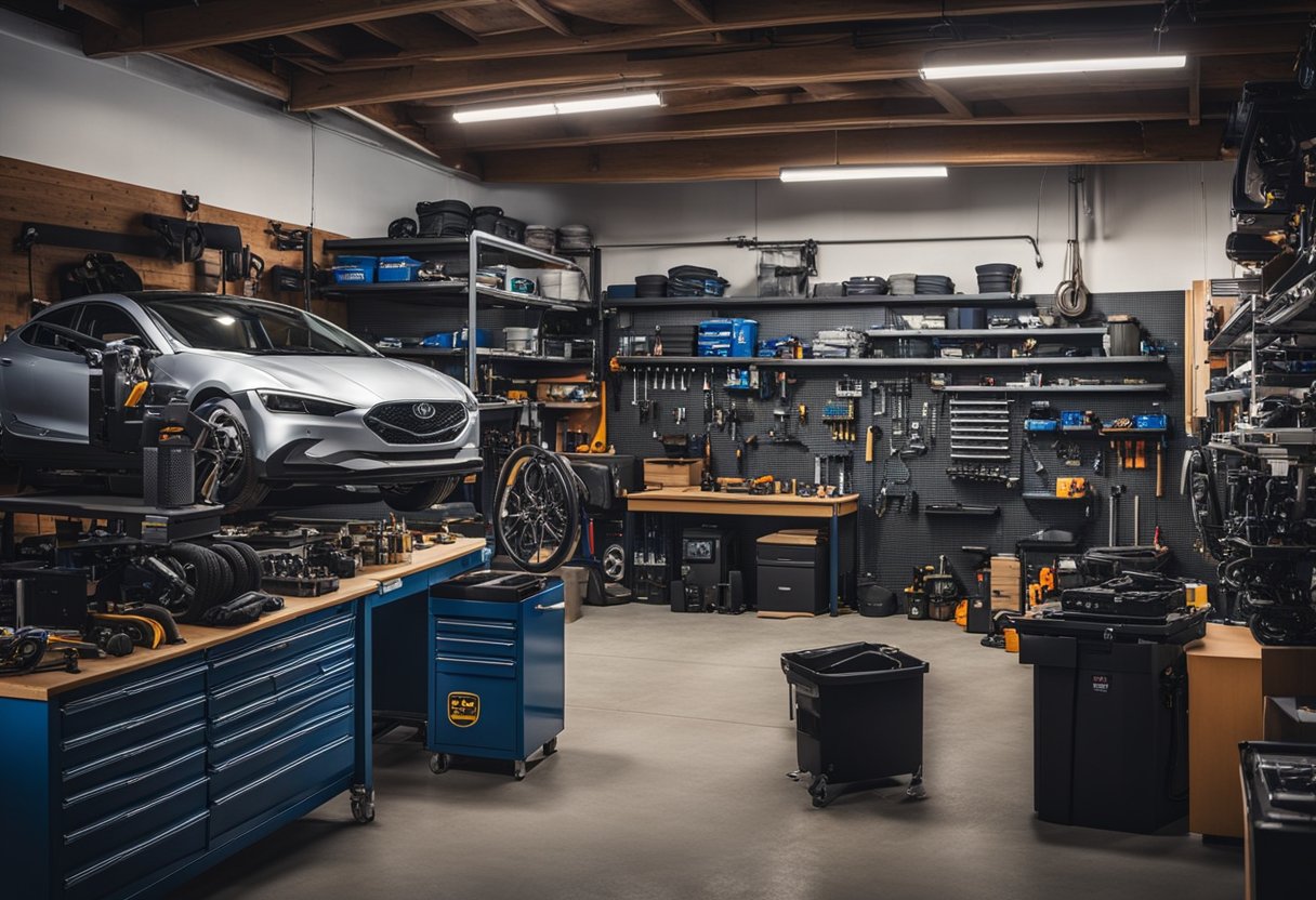 A garage filled with shelves of aftermarket Bolt EV performance parts, tools scattered on a workbench, and a Bolt EV lifted on a car hoist