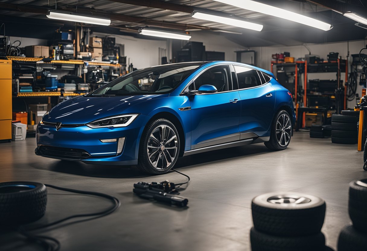 A Bolt EV parked in a garage surrounded by aftermarket performance parts. Tools and equipment scattered around. Bright lights illuminate the scene