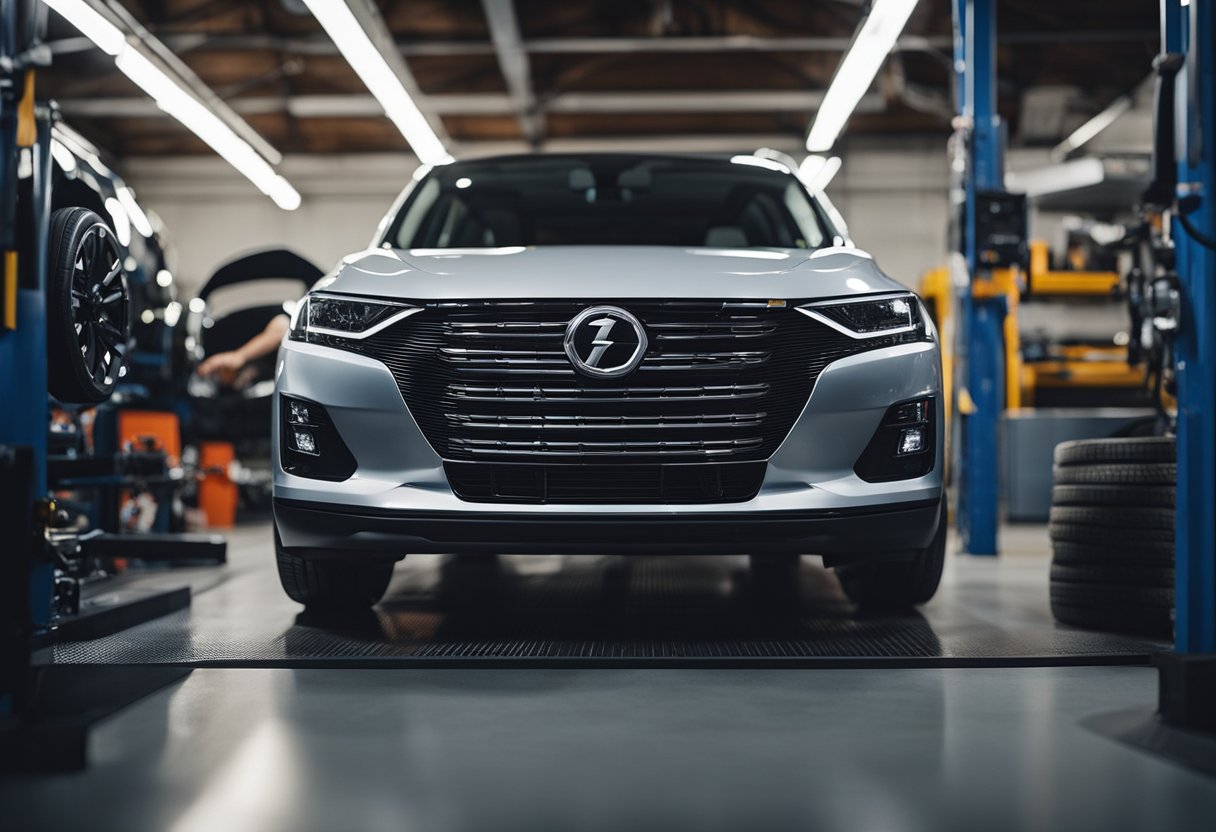 A Bolt EV sits in a garage surrounded by aftermarket performance parts. A mechanic reaches for a bolt-on part, ready to enhance the car's performance