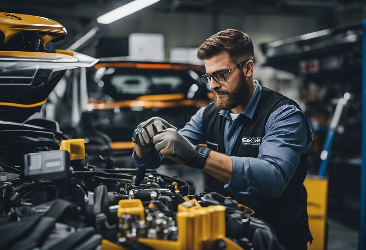 A mechanic installs aftermarket performance parts on a Bolt EV, surrounded by tools and equipment