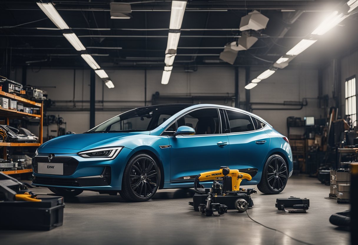 A Bolt EV sits in a workshop surrounded by performance parts. Regulations and guidelines are displayed on a wall. Tools and equipment are scattered around the car