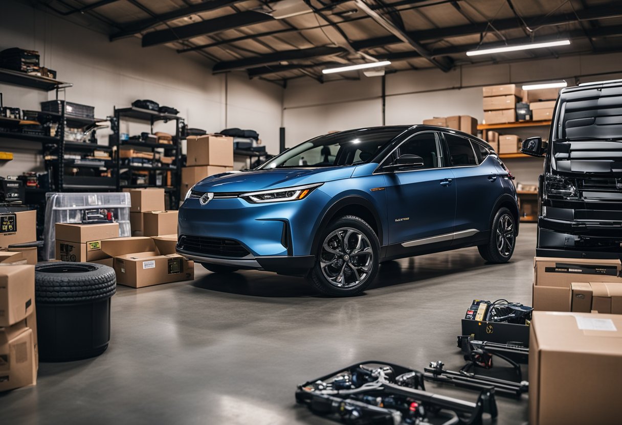 A Bolt EV sits in a garage, surrounded by boxes of aftermarket performance parts. Tools are scattered around as the owner prepares to upgrade the vehicle