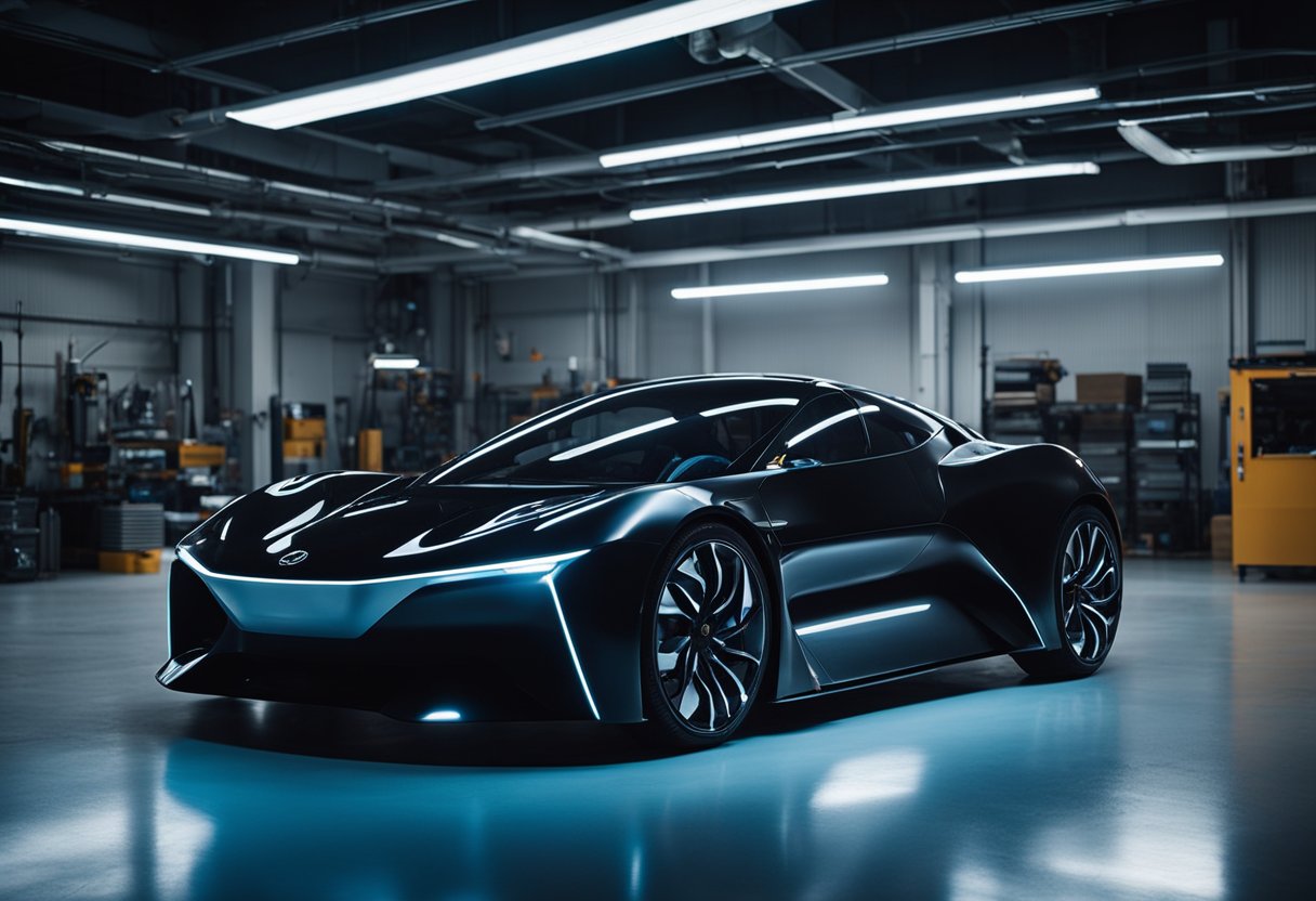 A sleek, futuristic electric car sits in a dimly lit garage. The hood is open, revealing a network of high-tech aftermarket performance parts being installed by a pair of robotic arms