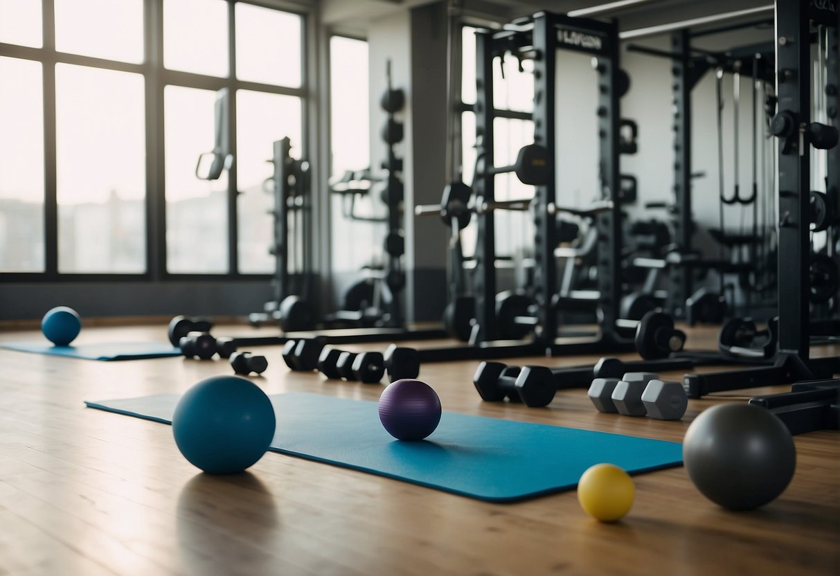 A gym with various equipment arranged for a workout. Dumbbells, resistance bands, and exercise balls are neatly organized. An empty yoga mat is laid out on the floor