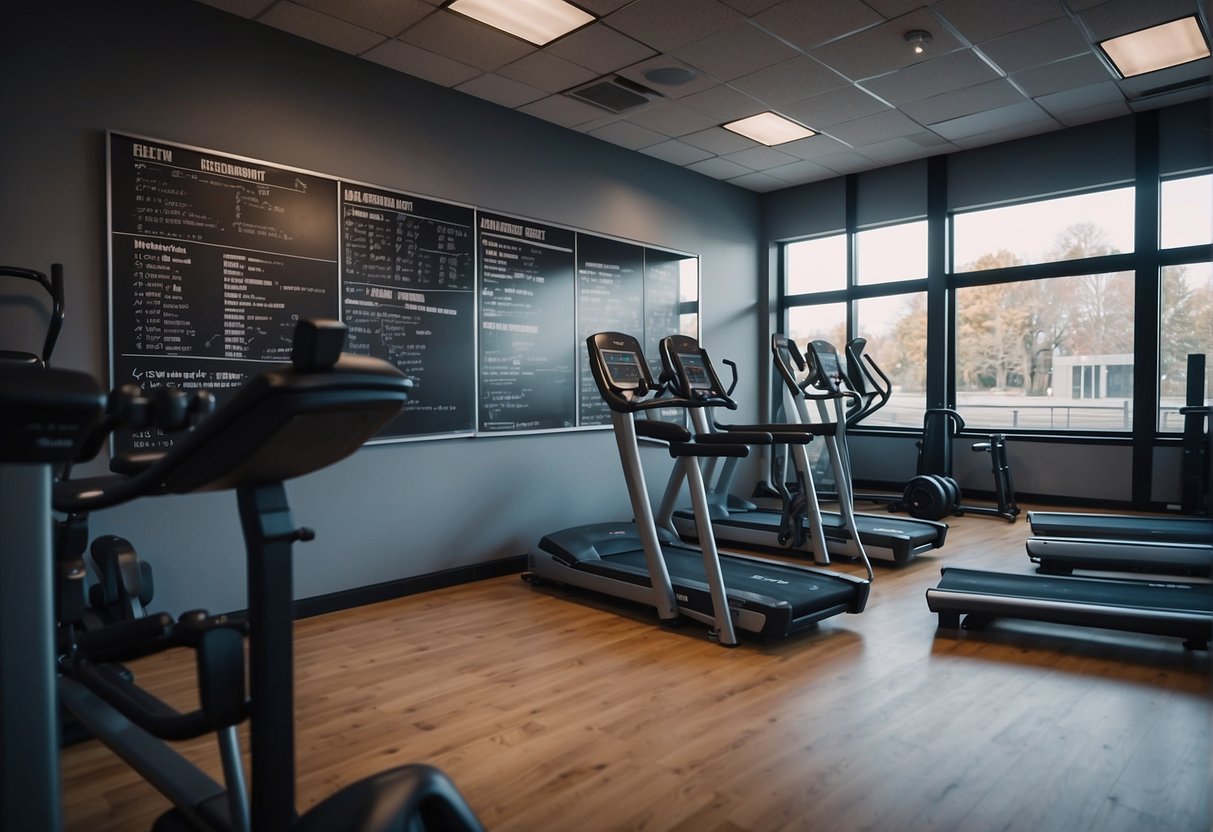 A gym with various equipment, motivational posters, and a whiteboard with workout plans