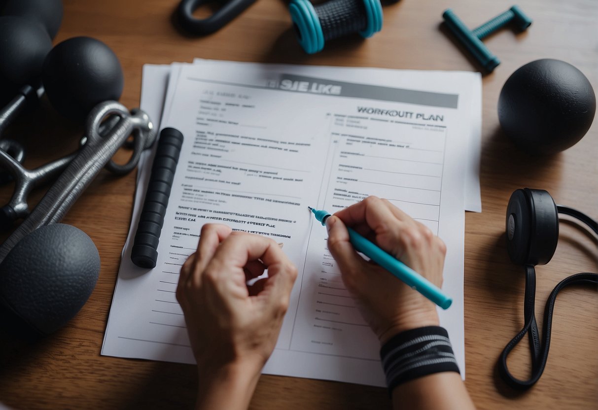 A person is writing a workout plan on a piece of paper, surrounded by exercise equipment and fitness gear