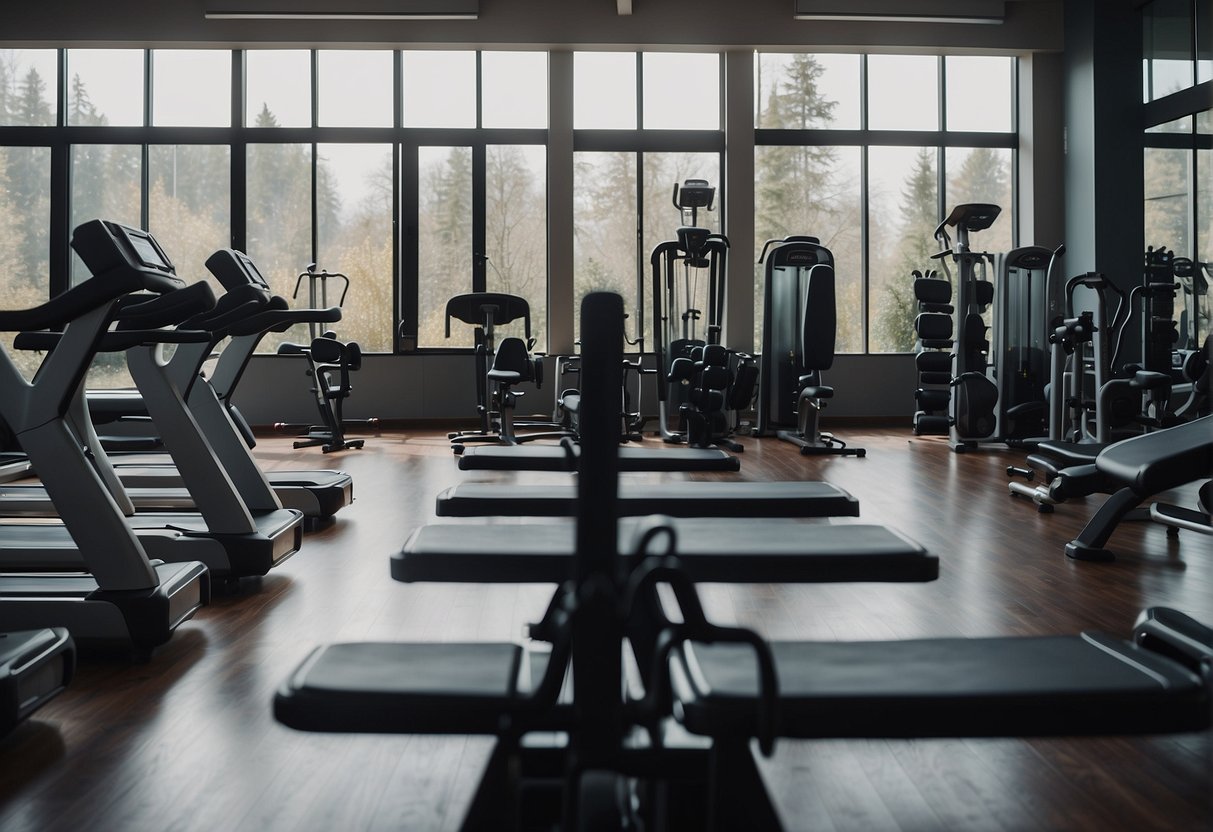 A gym with various exercise equipment arranged neatly for a workout session. Bright lighting and motivational posters on the walls