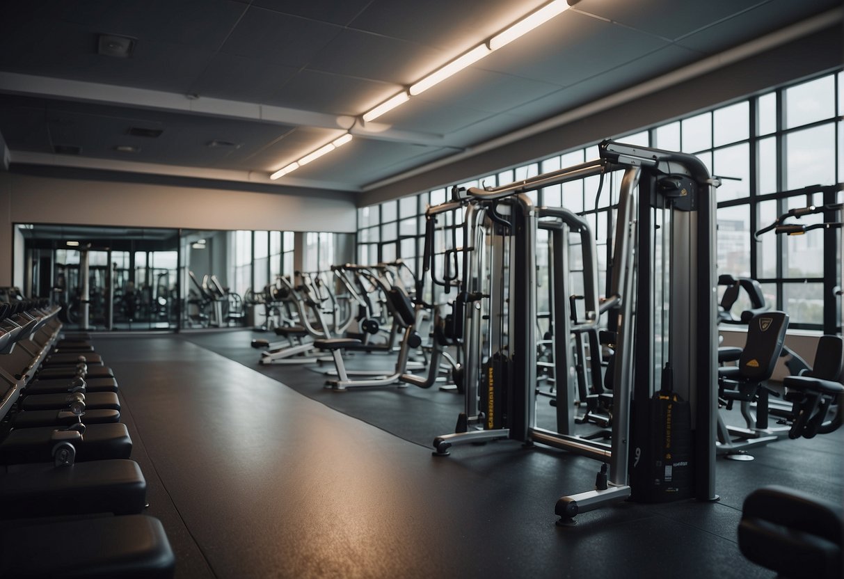 A gym with modern equipment and motivational quotes on the walls. Bright lighting and a clean, organized space with a focus on progress and performance