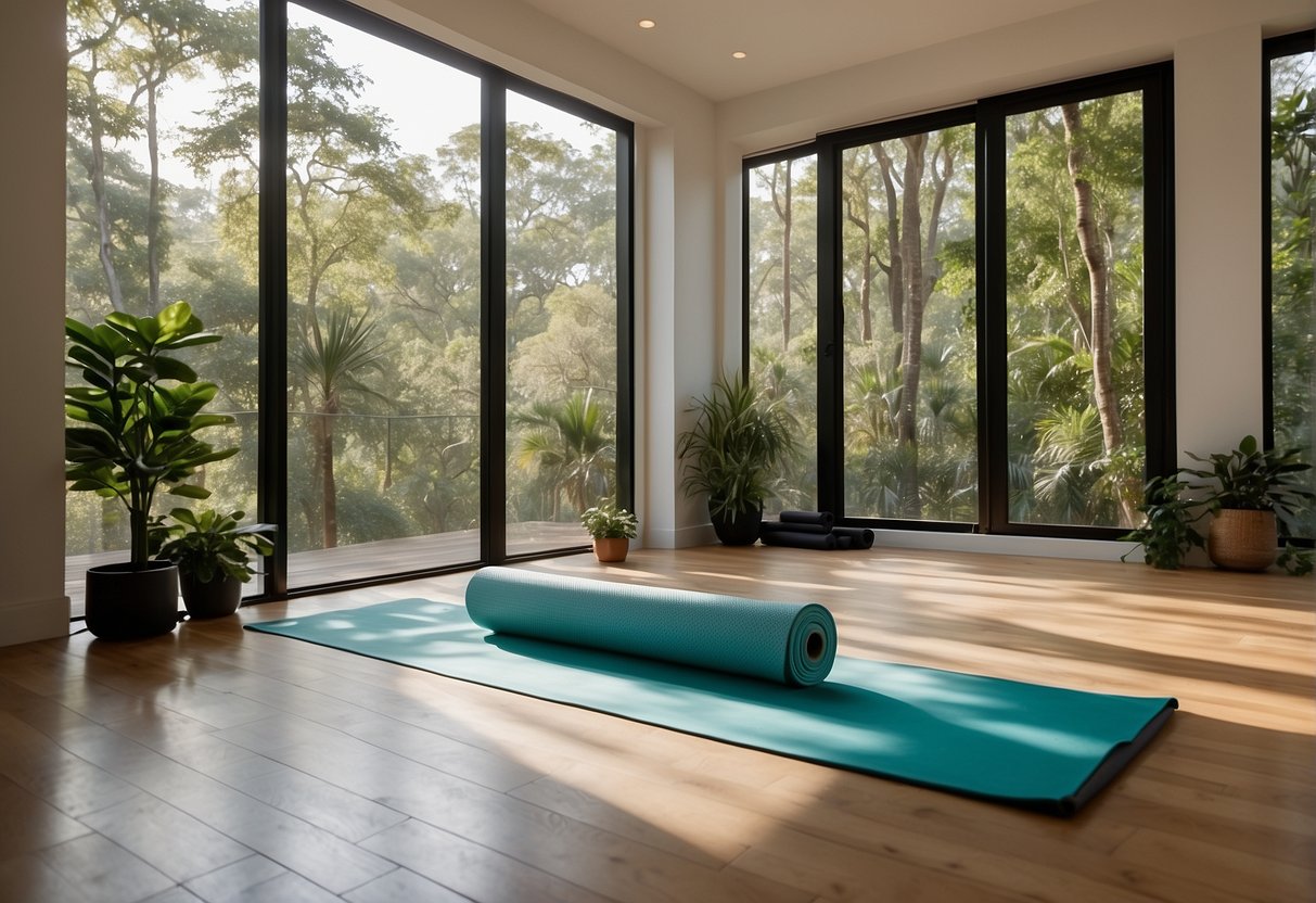 A serene, tranquil setting with a yoga mat, foam roller, and resistance bands arranged neatly on the floor, surrounded by lush greenery and natural light streaming in through the windows