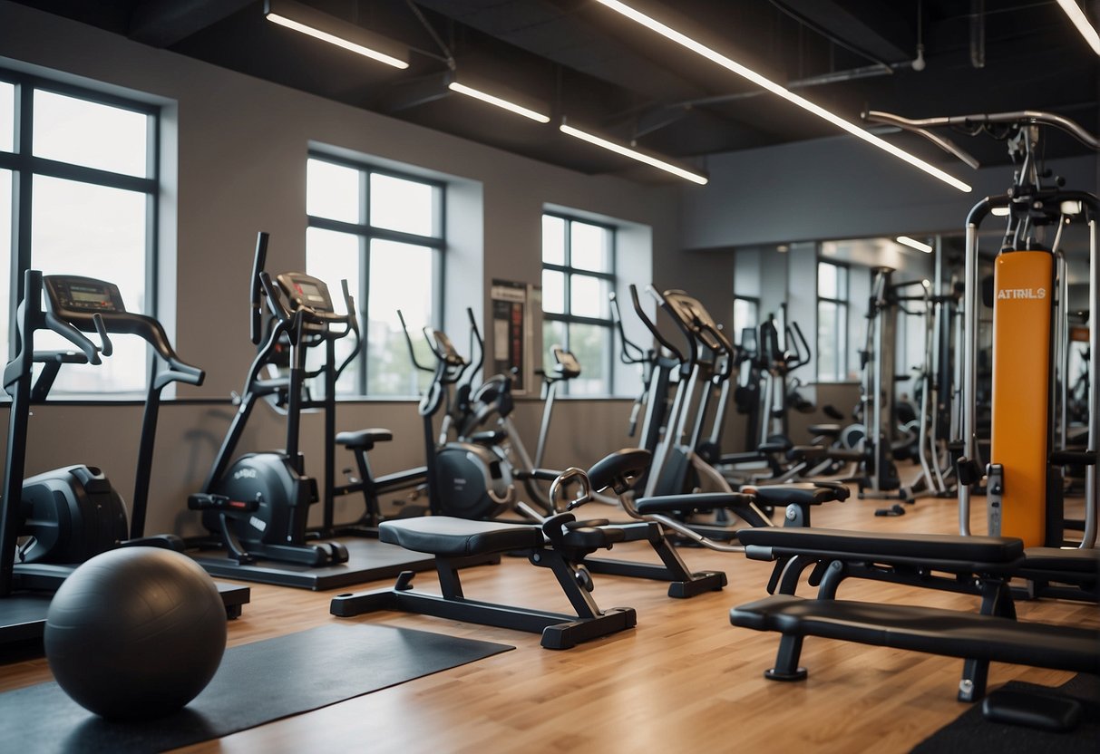 A diverse range of exercise equipment arranged neatly in a well-lit gym, with motivational posters and a whiteboard displaying workout plans