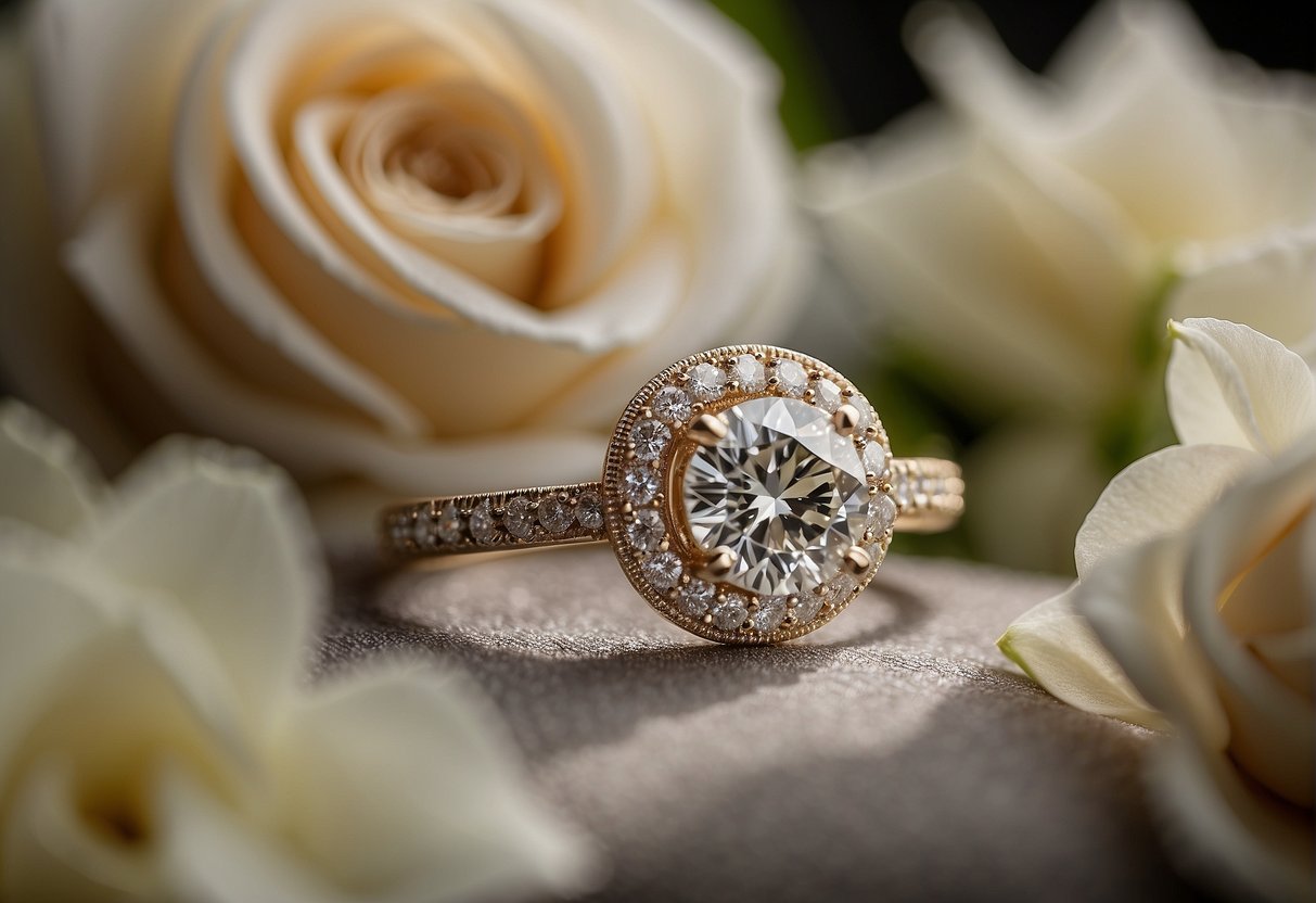A sparkling diamond wedding ring set against a backdrop of delicate floral arrangements, showcasing the beauty and elegance of the chosen diamond-studded wedding bands
