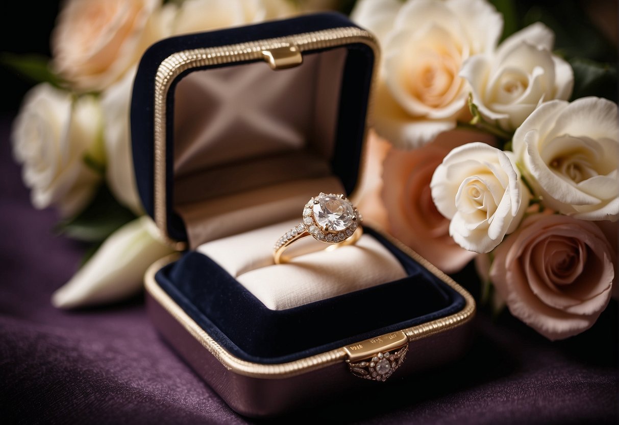 A sparkling diamond wedding ring displayed on a velvet cushion with soft lighting, surrounded by delicate floral arrangements and elegant jewelry boxes