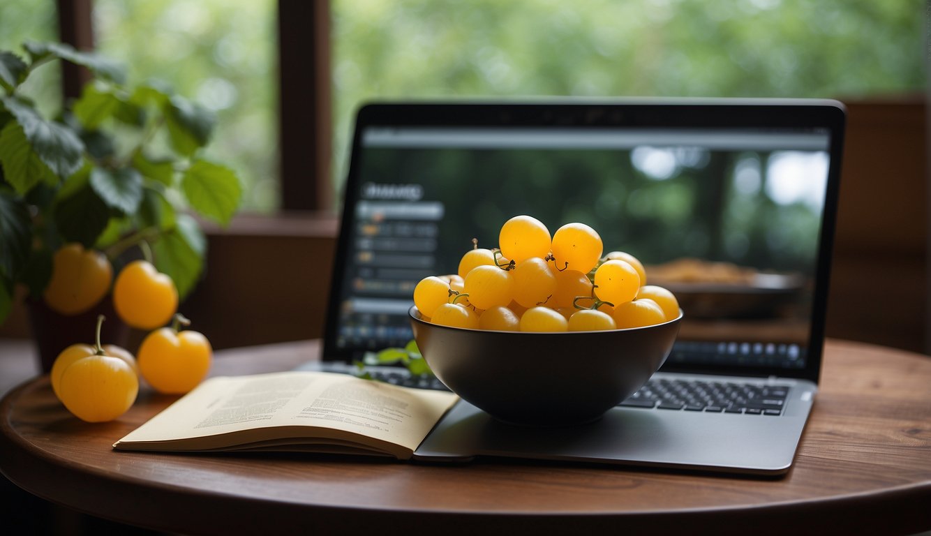 A table with a bowl of ground cherries, a recipe book, and a laptop open to a FAQ page