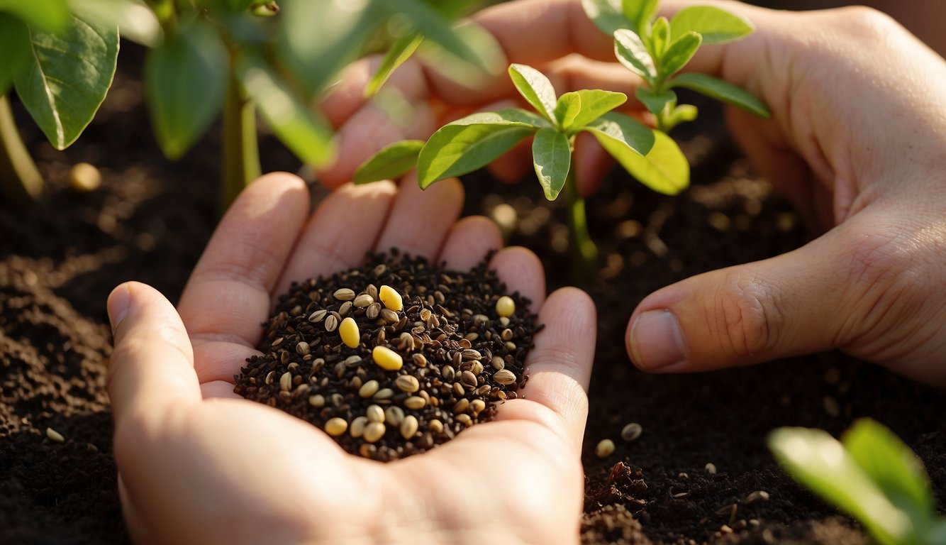 Hands gently placing meyer lemon seeds into soil, covering them with care