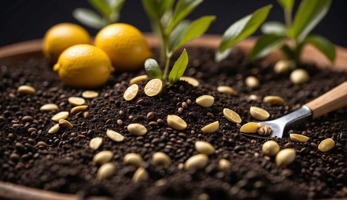 Meyer lemon seeds planted in soil, surrounded by pest and disease management tools and products