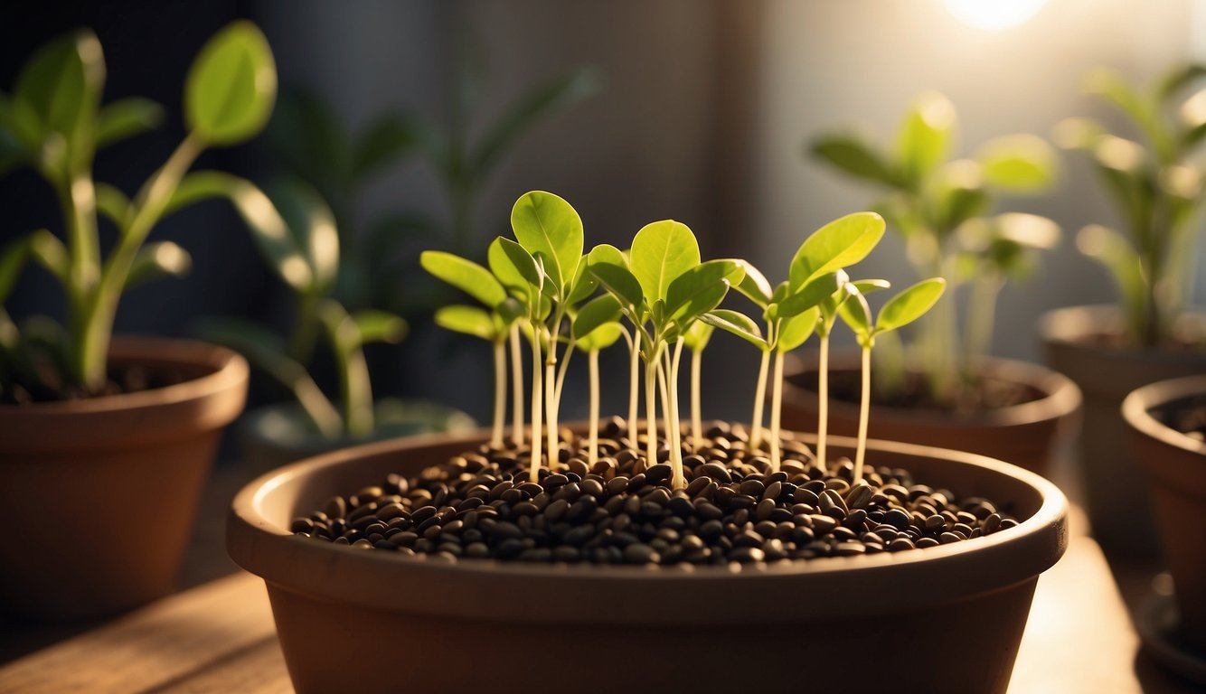 Meyer lemon seeds sprouting in a pot indoors, with young plants growing under a warm light