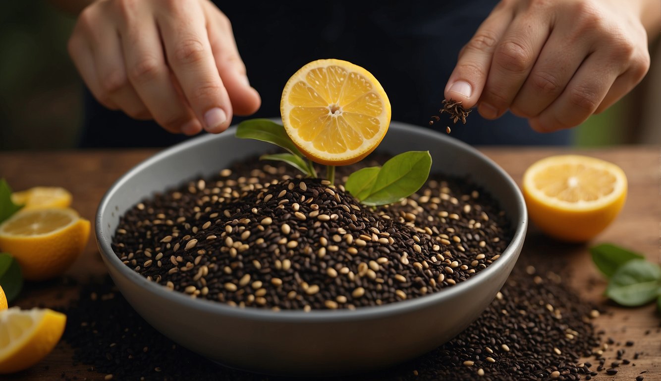 A hand drops meyer lemon seeds into soil, then waters the pot