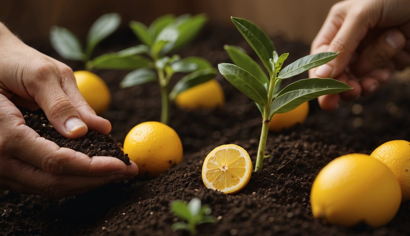 Meyer lemon seeds being carefully planted in soil, surrounded by cultural symbols and traditional objects