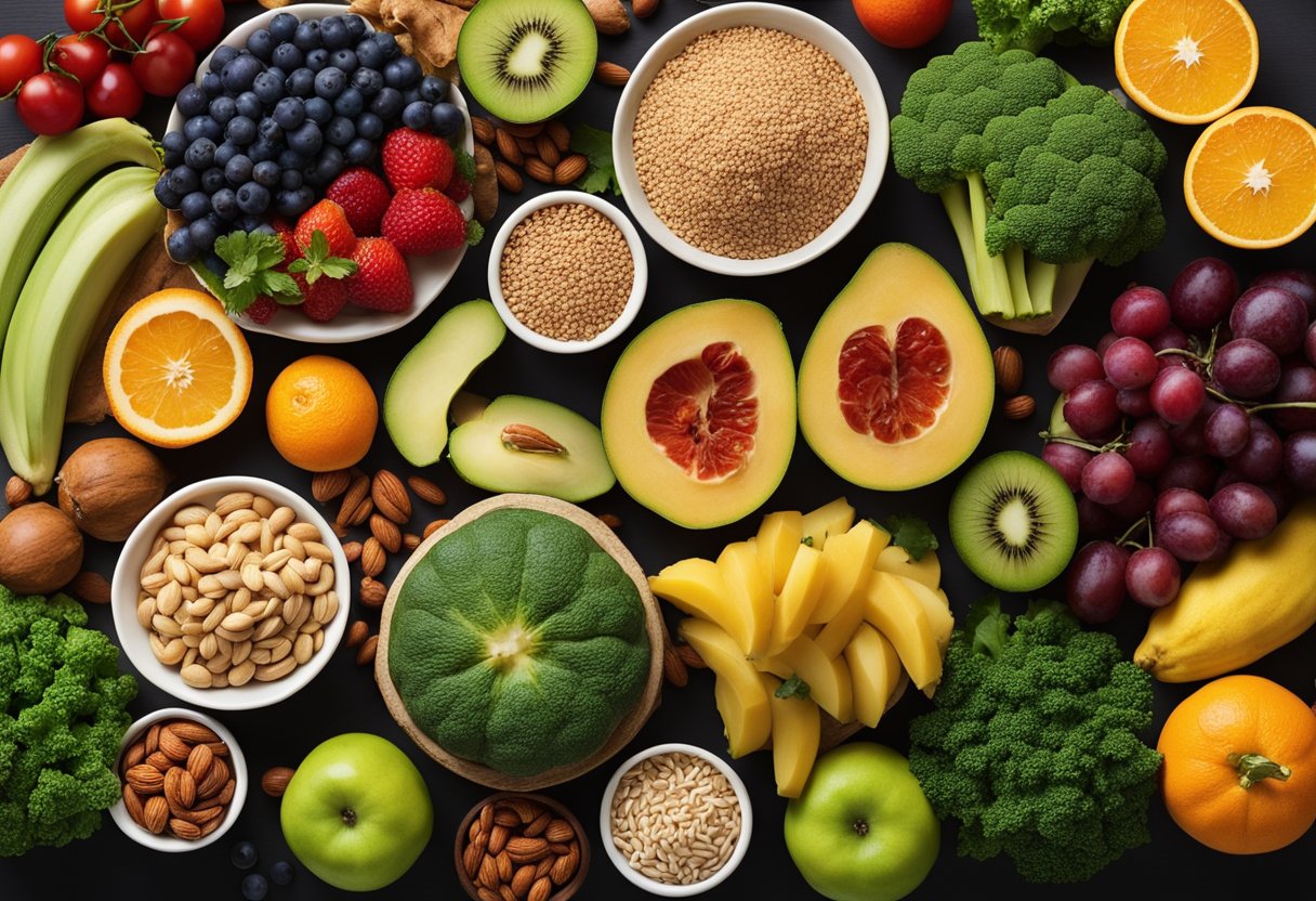 A colorful array of fruits, vegetables, nuts, and whole grains arranged on a table, with a backdrop of a healthy pancreas and a measuring tape, symbolizing optimal pancreas health