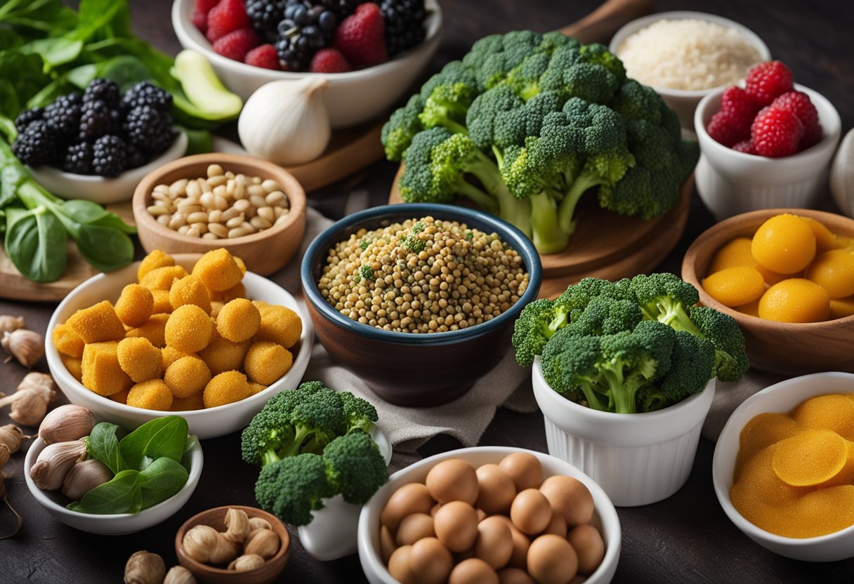 A table with 20 foods: berries, turmeric, garlic, broccoli, spinach, and more. A pancreas surrounded by healthy options