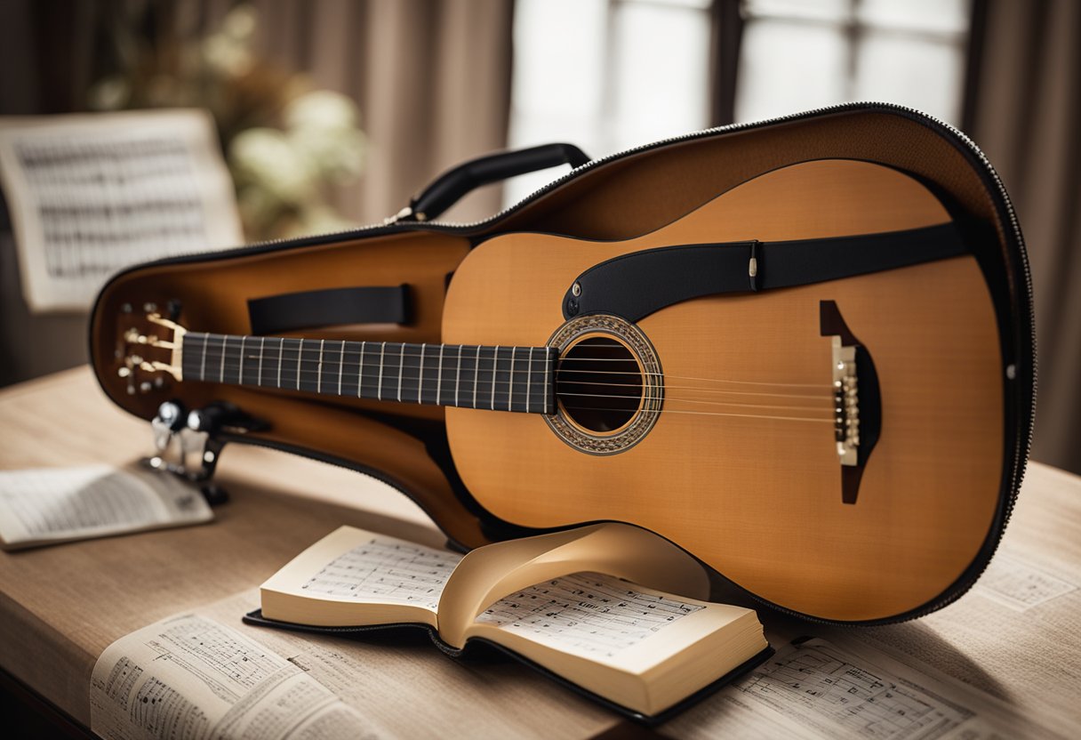 An open guitar case with sheet music, a tuner, and a pick. A music stand holds a book titled "Fundamentos do Violão."