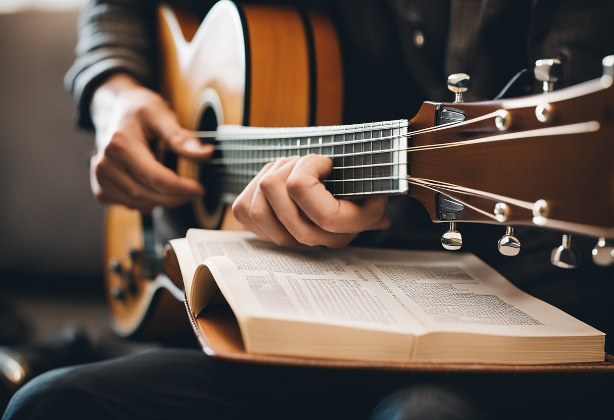 A person strumming a guitar, fingers pressing down on the strings, while a music book lies open nearby
