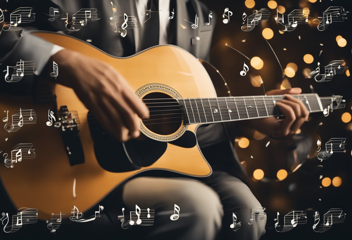 A person strums a guitar, surrounded by musical notes of various styles