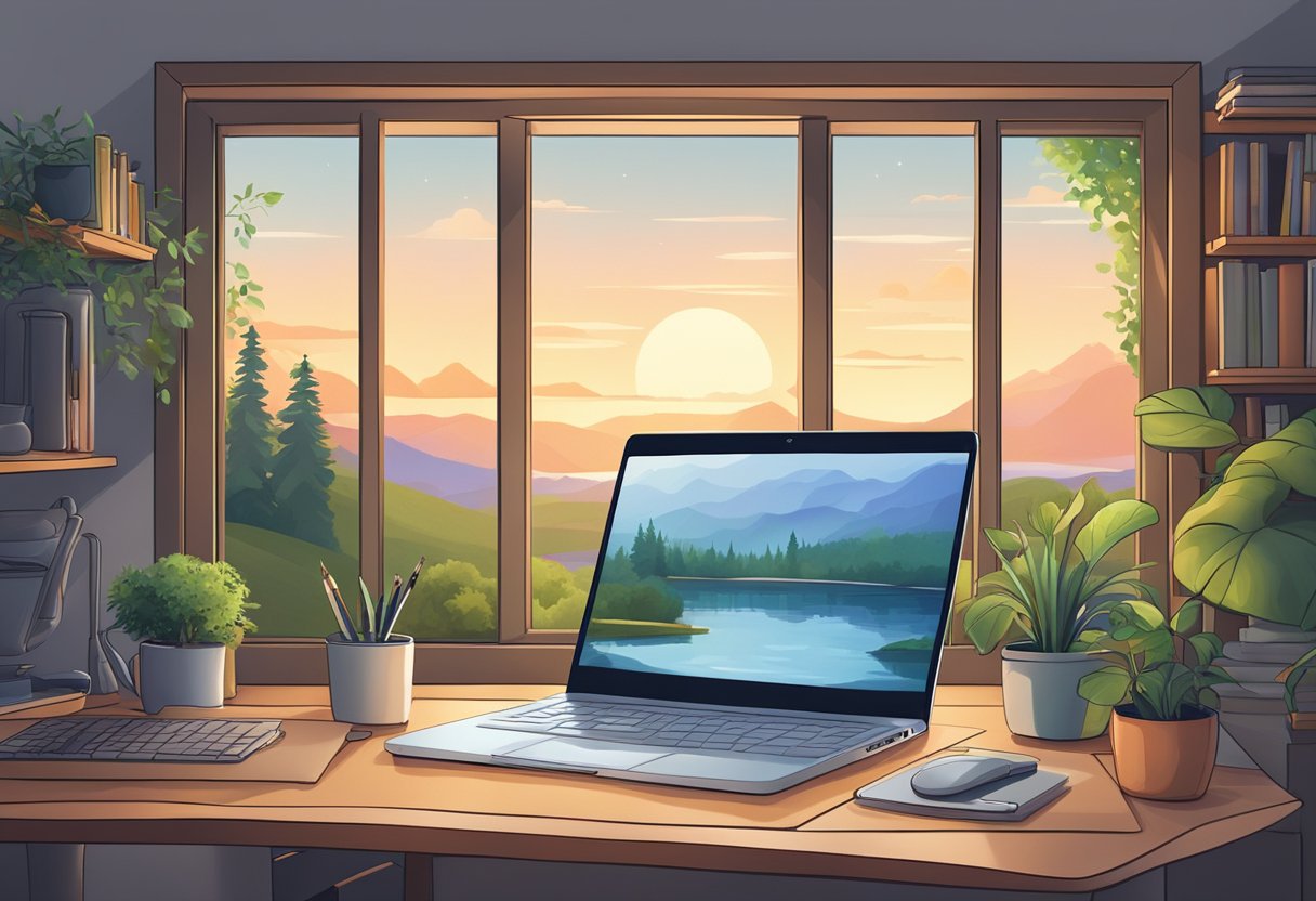 A laptop surrounded by a cozy home office setup, with a view of a tranquil natural landscape through the window