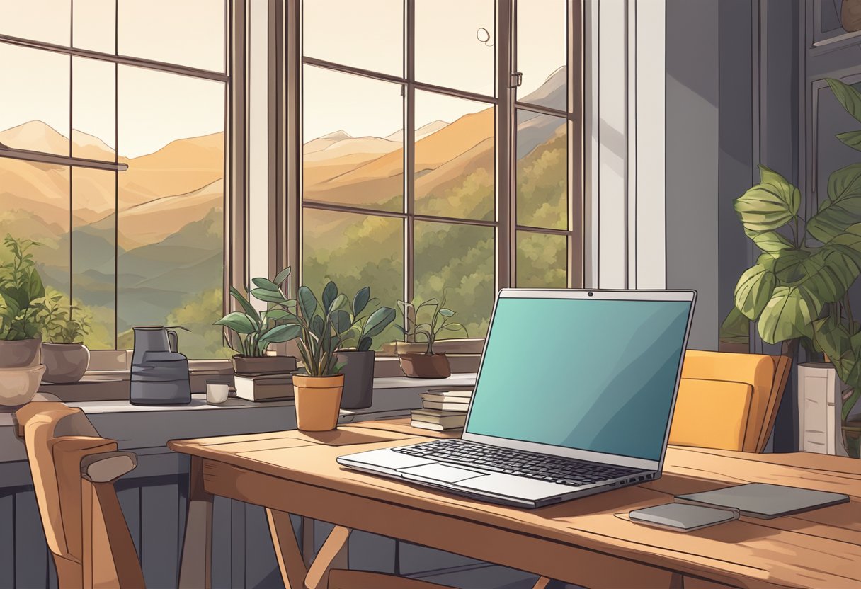 A laptop and a cozy home office setup with a scenic view of nature and a comfortable chair