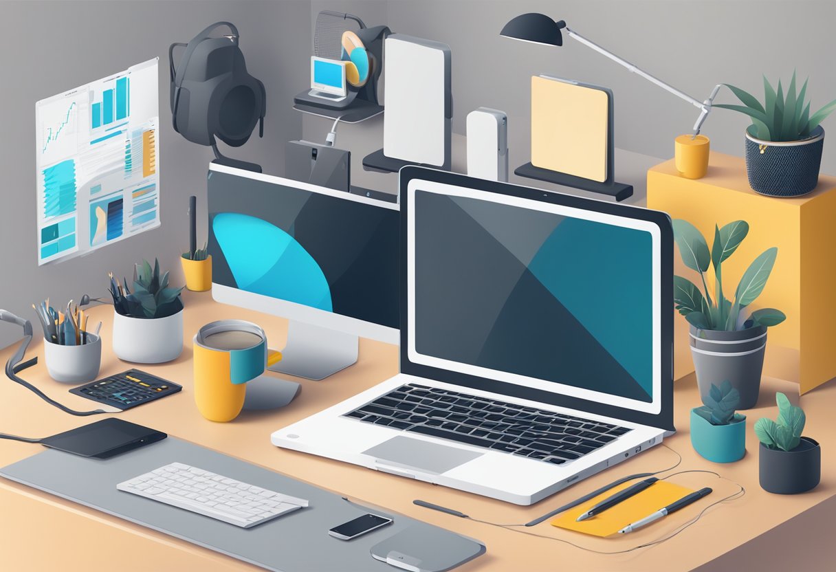 A laptop surrounded by a variety of technological devices and tools, with a remote work setting in the background