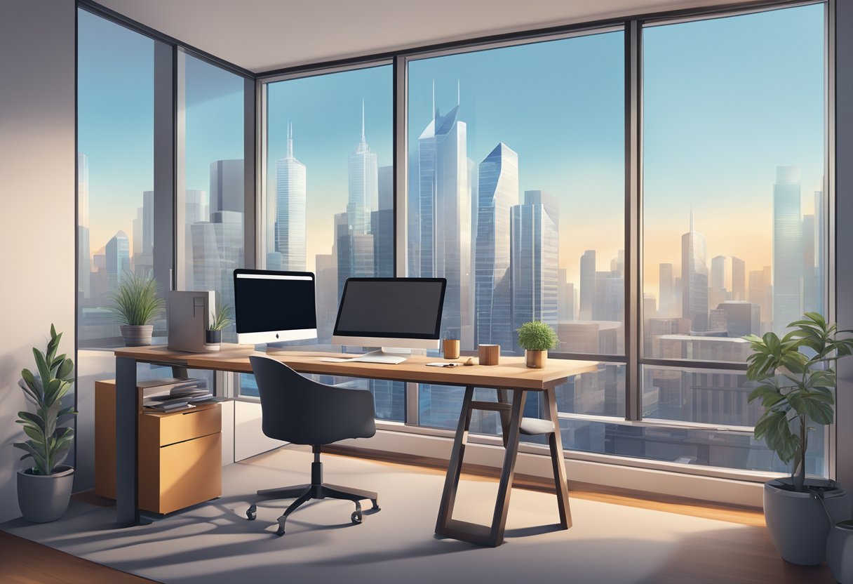 A sleek, modern home office with a large desk, computer, and organized project management tools. A view of a city skyline through a window